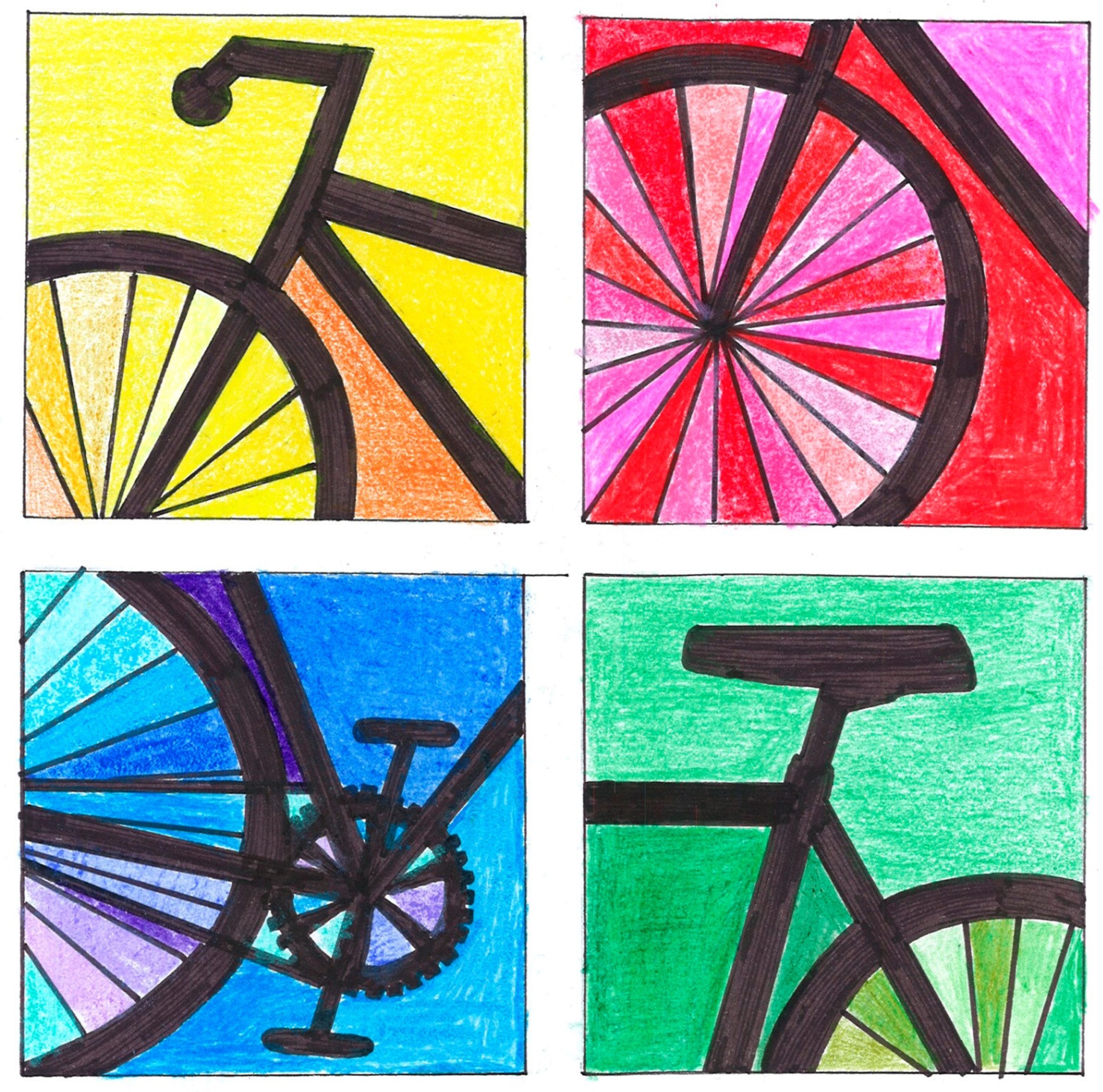 mosaico de cuatro imágenes con distintas partes de la bici desordenadas